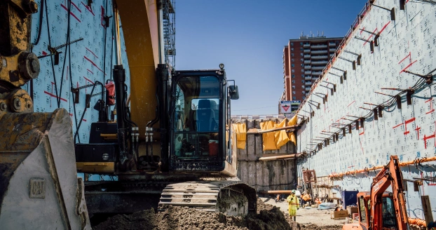 Construction site with heavy machinery.