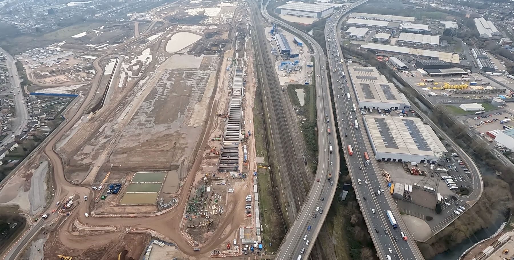 Aerial view of construction site and highway | Bromford Tunnel West Portal | Dewatering