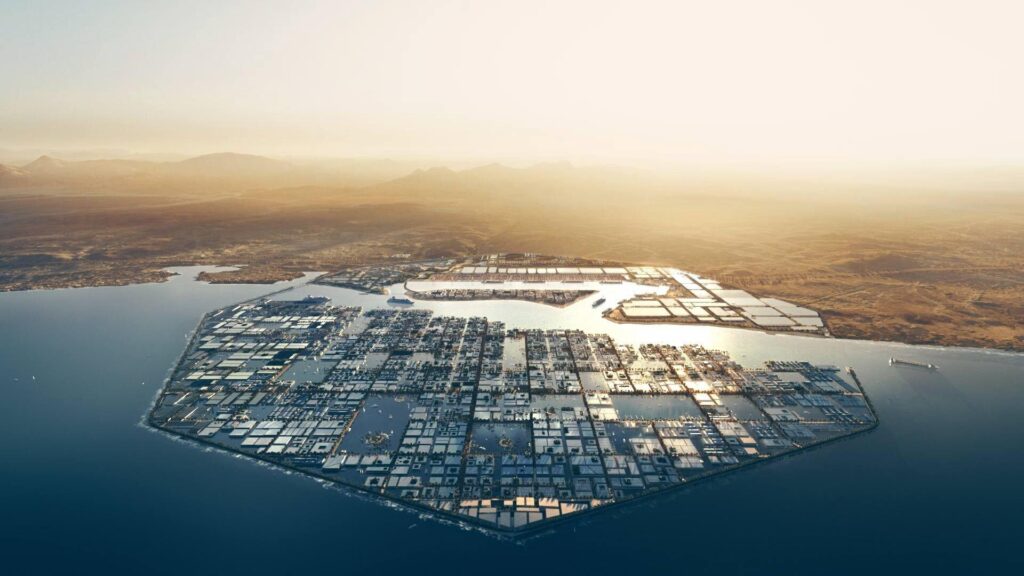 Aerial view of hexagonal aquaculture farm. WJ Saudi Arabia.