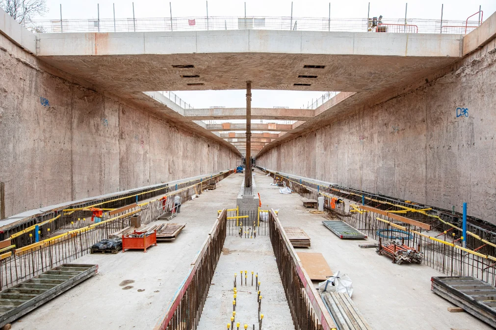 Construction site with deep excavation. Burton Green Tunnel.