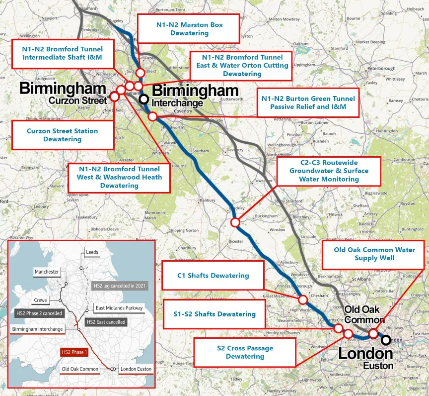 Map showing Birmingham to London tunnel. HS2 project