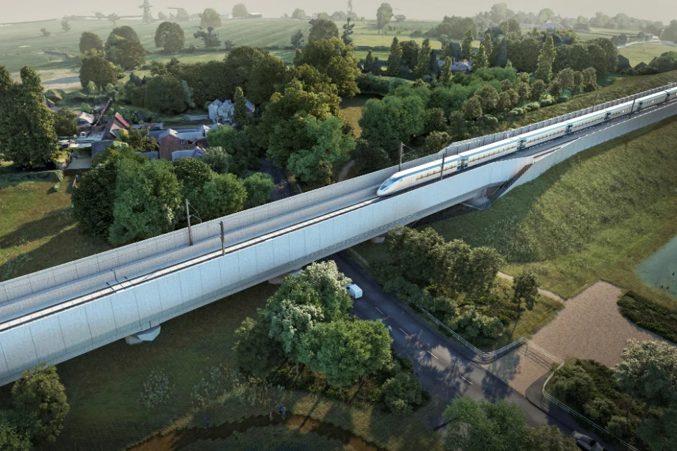 High-speed train crossing a bridge. HS2 project.