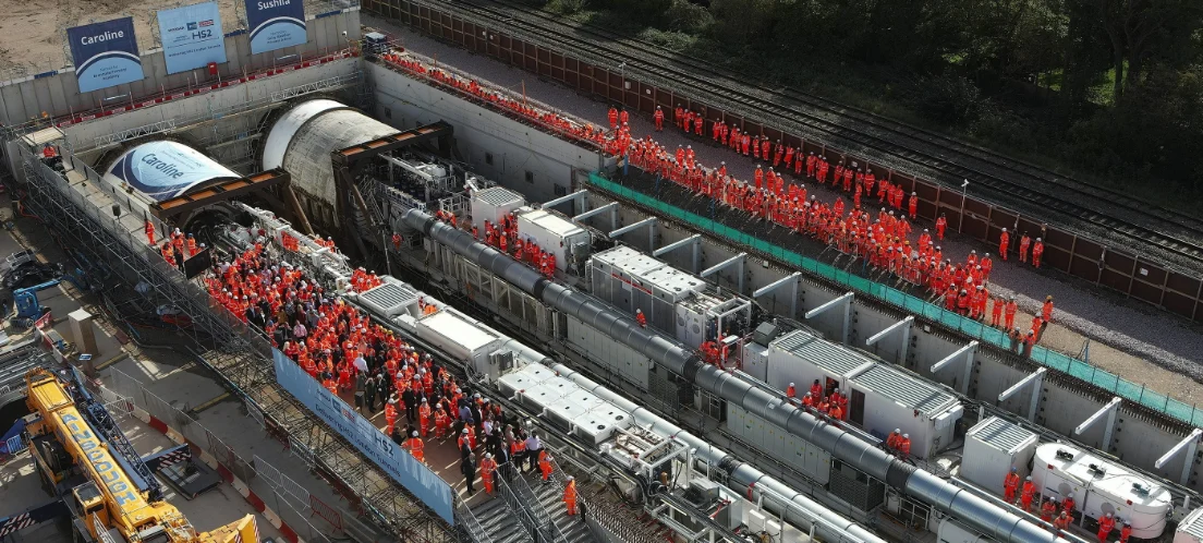 Construction site with workers in orange. Northolt Tunnel Shafts - dewatering